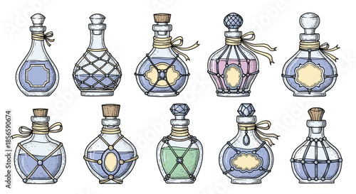 Collection of various ornate glass bottles with decorative corks and ribbons, potentially containing perfumes or magical potions.
