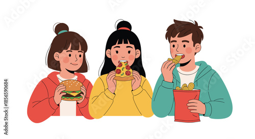 Three young friends sitting together and happily eating a burger, pizza, and chips in a casual social gathering at a restaurant.