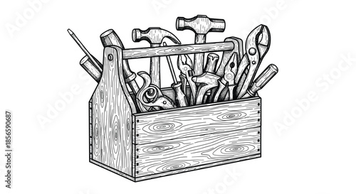 Sturdy wooden toolbox overflowing with various hand tools like hammers, screwdrivers, and pliers in a detailed engraving style.