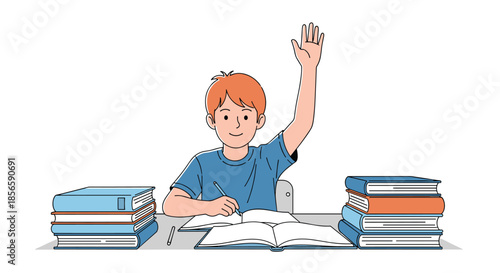 Young student with red hair sits at a desk with books and raises his hand enthusiastically to answer a question in class.