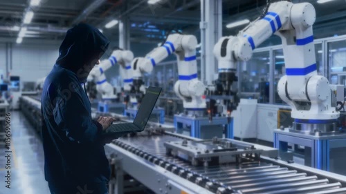 Technical Specialist In Dimly Lit Factory Performs System Tests On Automated Robotic Arms And Conveyor Belts