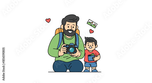 Bearded father and his young son enjoy a photography trip together while carrying a camera and a wallet during their family travel adventure.