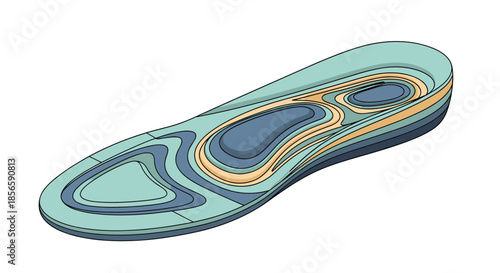 Ergonomic orthopedic shoe insole design features contoured layers for arch support and foot comfort during walking or sports activities.