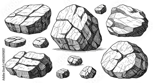 Collection of roughly textured rocks and stones are illustrated with detailed hatching to show geological features and natural elements.