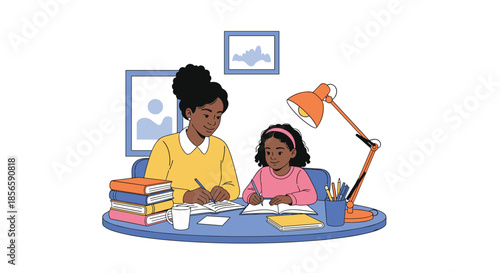 Dedicated mother helps her young daughter with school homework while they sit together at a desk with books and a lamp in a home setting.