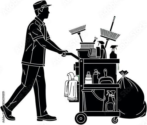 Janitor with Cleaning Cart.