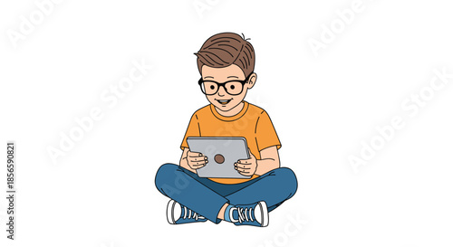 Focused young boy wearing glasses sits cross-legged on the floor and uses a digital tablet for learning or entertainment in a simple style.