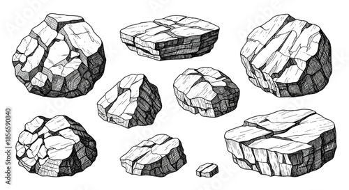 Assorted hand-drawn stones and rocky fragments are presented in various shapes and sizes to illustrate natural geological terrain and minerals.