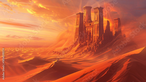 Ancient Greek temple in the desert of Egypt. 3D Rendering
