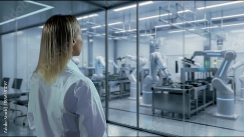 Scientist Monitors Automated Manufacturing, Researcher Oversees Robotic Production Process Carefully