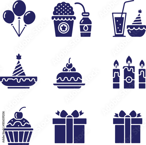 Vector art of set of nine solid blue icons representing birthday party elements like balloons, cupcakes, drinks, party hats, and gift boxes