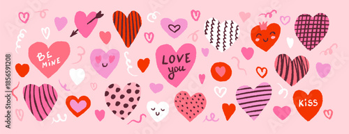 Cute set for Valentines day. Crayon hearts in hand drawn style, cute phrases. Vector trend colorful illustration