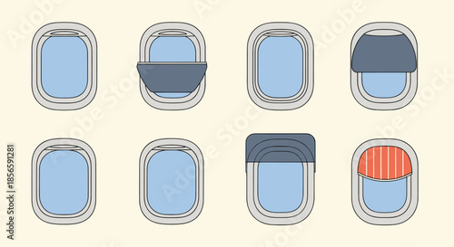 Set of various airplane window shapes with different shade positions and colors including open closed and partially closed options.