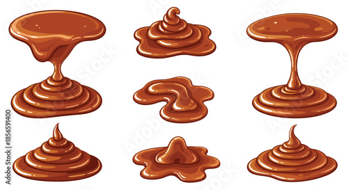 Assorted shapes and swirls of melted chocolate sauce or fudge puddles in a colorful cartoon style illustration.