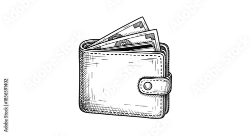 Engraving style drawing of a closed leather wallet with several dollar bills and credit cards sticking out.