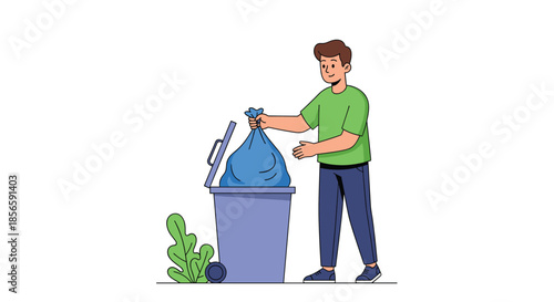 Illustration of a young man in a green shirt putting a full blue garbage bag into a purple trash can outdoors.