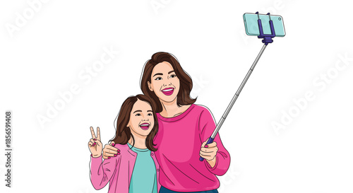 Happy mother and daughter smiling while taking a selfie together using a long selfie stick and a smartphone.