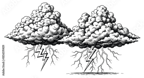 Dramatic black and white engraving style illustration of dark storm clouds with powerful lightning bolts striking.