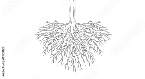 Detailed black and white line drawing of a complex tree root system spreading deep into the ground underground.