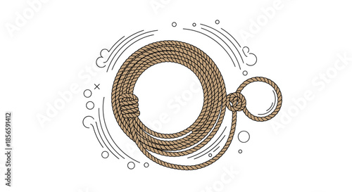 Illustration of a coiled brown rope or lasso with decorative line work and bubbles on a plain white background.