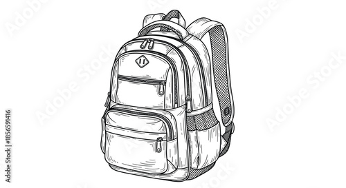 Black and white line art illustration of a modern backpack with multiple pockets and mesh side compartments.