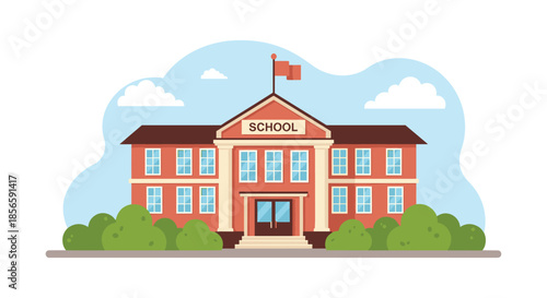 Flat illustration of a classic two story red brick school building with a flag on top and green garden bushes.