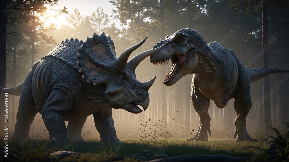 Fototapeta premium Epic Dinosaur Battle Scene Featuring a Triceratops and a Tyrannosaurus Rex in a Prehistoric Forest Setting with Dramatic Lighting and Intense Action