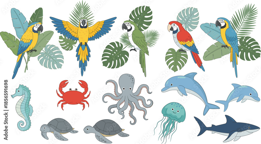 Obraz premium Cute Tropical Birds and Sea Animals Collection, Colorful Parrots and Marine Life Cartoon Vector Illustration Set