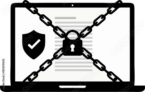 Laptop with Chain and Padlock – Cyber Security and Data Protection Vector Illustration