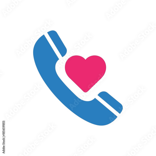 A blue telephone receiver icon with a pink heart symbol, representing connection and care.