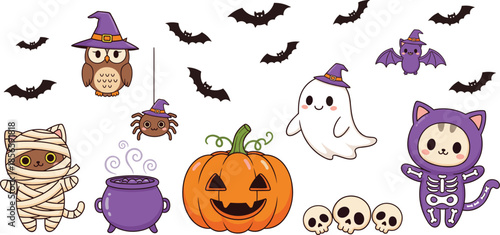 Cute Halloween Characters Collection with Ghost Pumpkin Cat Bat Owl and Witch Elements Vector Illustration