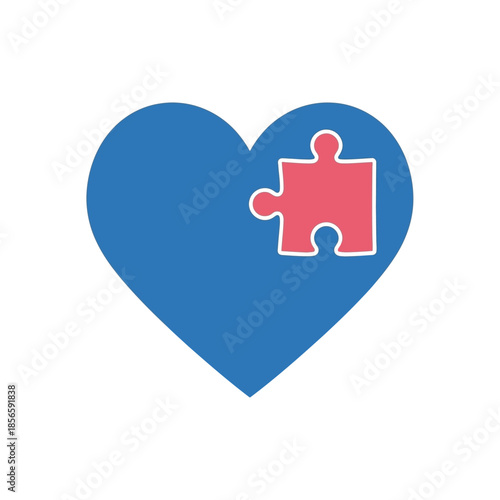 A blue heart with a red puzzle piece fitting into its side, symbolizing autism awareness and support.