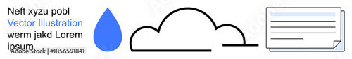 Technology design, data security, cloud storage, file sharing, information systems, remote access. A blue drop, cloud icon and document symbol. Technology design and data security concept