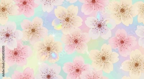 Delicate pastel floral pattern with blossoms and iridescent shimmer in gentle tones providing a
