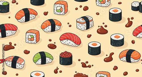 Delicious and Colorful Sushi Variety Seamless Pattern Background for Culinary Art Designs