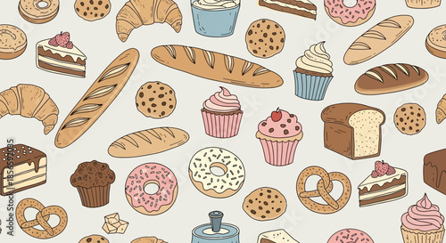 Delicious bakery goods seamless pattern with hand drawn bread croissant donut cupcake and cake
