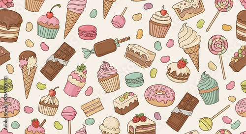 Delicious and Sweet Dessert Pattern with Ice Cream Cupcakes Donuts and Chocolate Bars Background