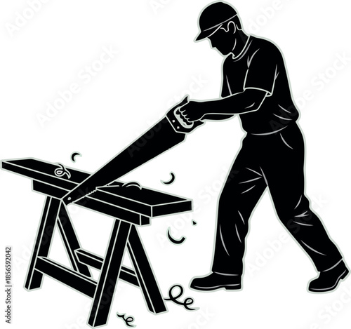 Man Planing Wood on Workbench.