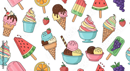 Delightful dessert pattern featuring colorful ice cream cones and fruity popsicles illustration