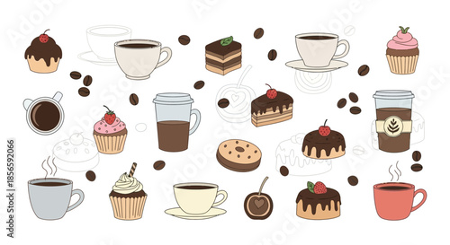 Delightful coffee and sweets themed pattern with vector hand drawn illustrations