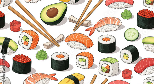 Delicious sushi and rolls seamless pattern with traditional japanese cuisine food art