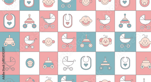 Delightful pastel baby pattern with cute icons for nursery decoration or baby shower celebration