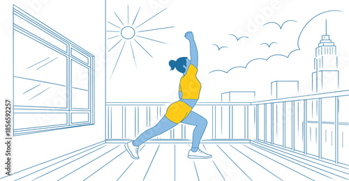 Outdoor Fitness Illustration of Woman Doing Sun Salutation Yoga on City Balcony with Urban Skyline