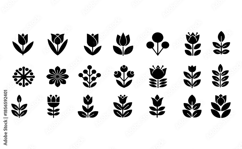 Fototapeta premium Collection of Black Flower Icons.