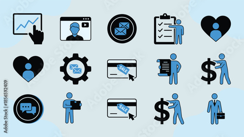 Business icons set, marketing symbols, financial elements, communication tools, flat vector illustration, modern design, digital interface, creative concept