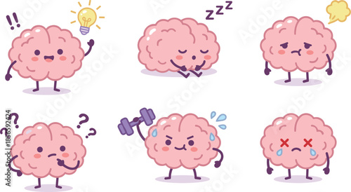 Cartoon brain emotions set, mental health illustration, idea, sadness, confusion, sleep, flat vector design, editable, educational