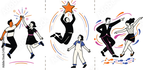 Celebration and achievement illustration, joyful interaction, flat vector design, dancing and high-five, aspiration theme, dynamic movement, vibrant expression