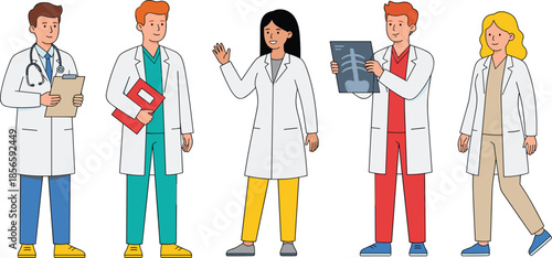 Cartoon medical professionals team, diverse healthcare workers illustration, editable flat vector design, hospital staff concept, modern medical scene