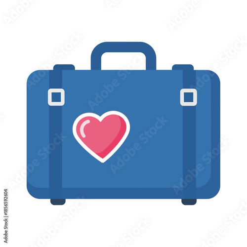 Flat design illustration of a blue travel suitcase adorned with a pink heart.