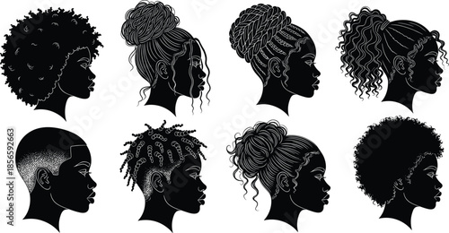 Black hairstyle profile illustration set, afro, bun, braids, locs, silhouette heads, cultural identity, vector sketch, grooming icon